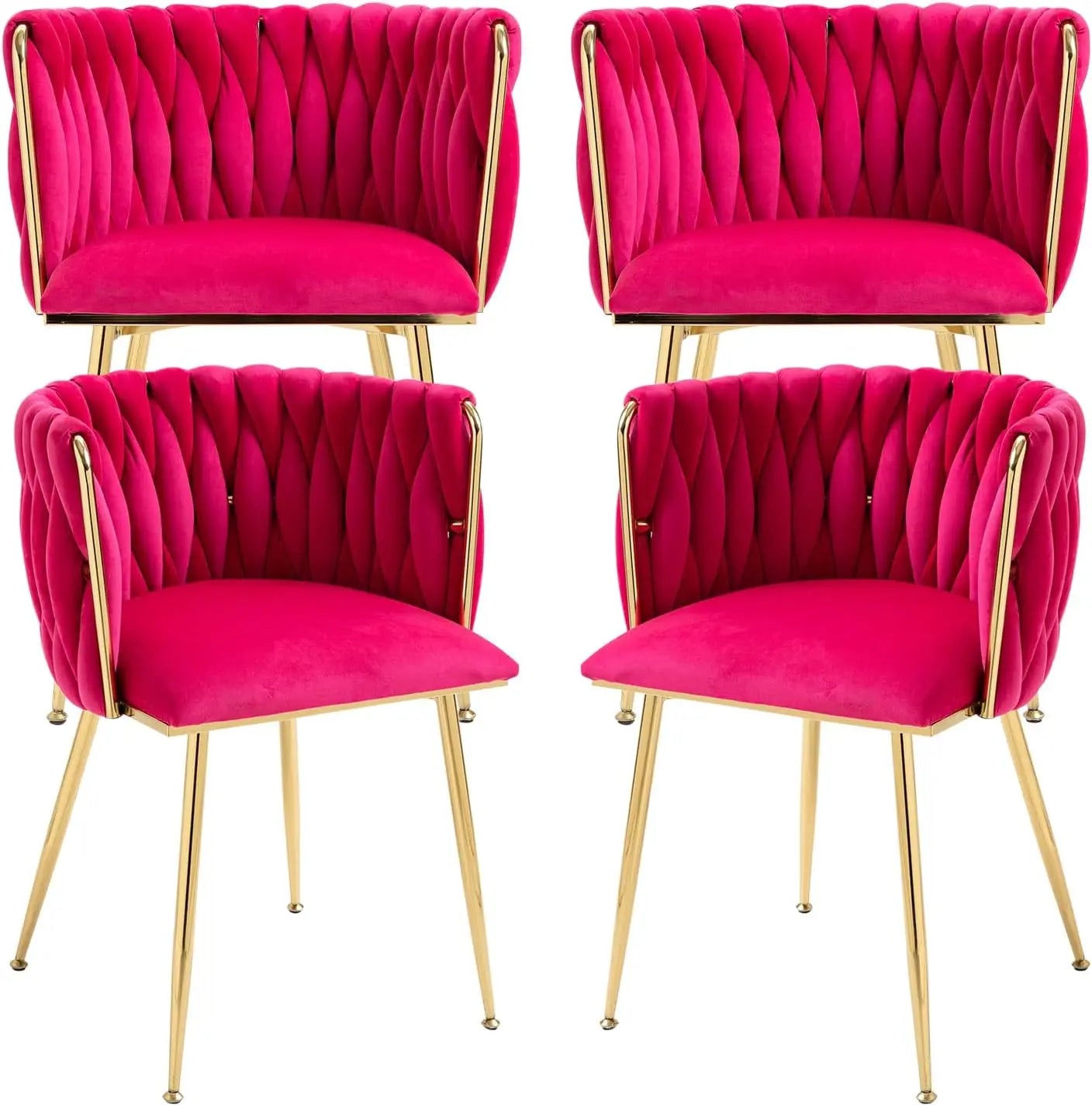 4 pcs Velvet Curved Backrest Woven Upholstered Padded Cushion Tufted Dining Chair Set w/ 4 Gold Metal Legs/Colors-Beige/Gold/Gray/Yellow/Black