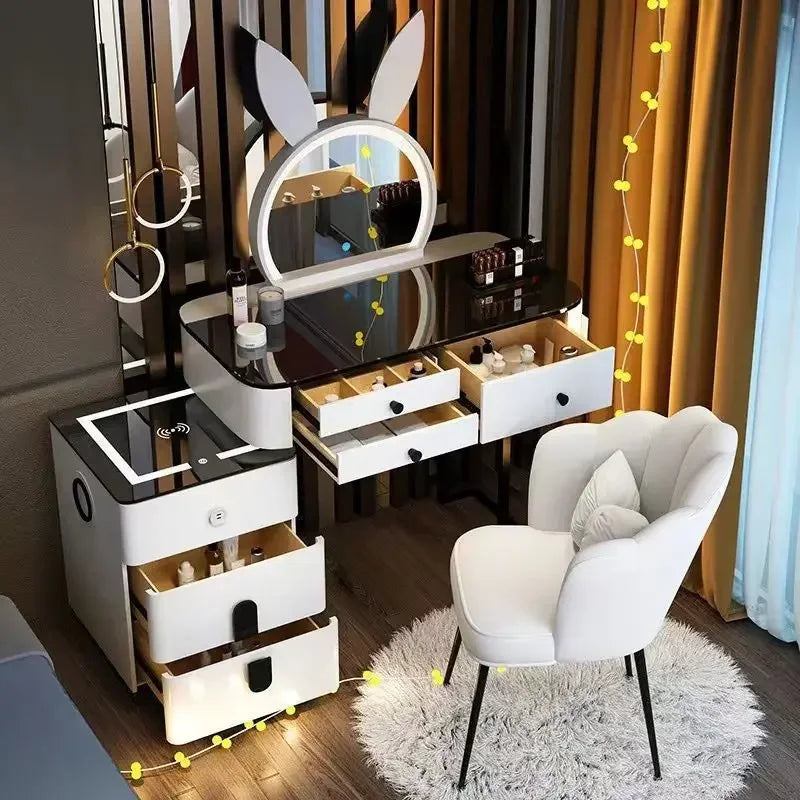 Modern Style White Adjustable LED Smart Touch-Controlled Lighted Round Mirror Black Tempered Glass Countertop Solid Pine Wood Draws Make-Up Vanities /2 USB Wireless Ports /Bluetooth Speakers/Colors-Black/Gray/White