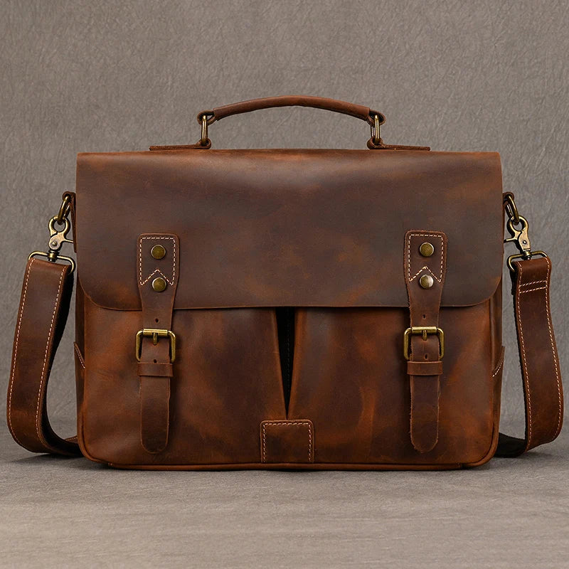 Luufan Brown Men Cow Leather Briefcase Zipper Bags/Handles-Shoulder Straps/Built-In Laptop Compartment/Fits 14 Inch Laptop