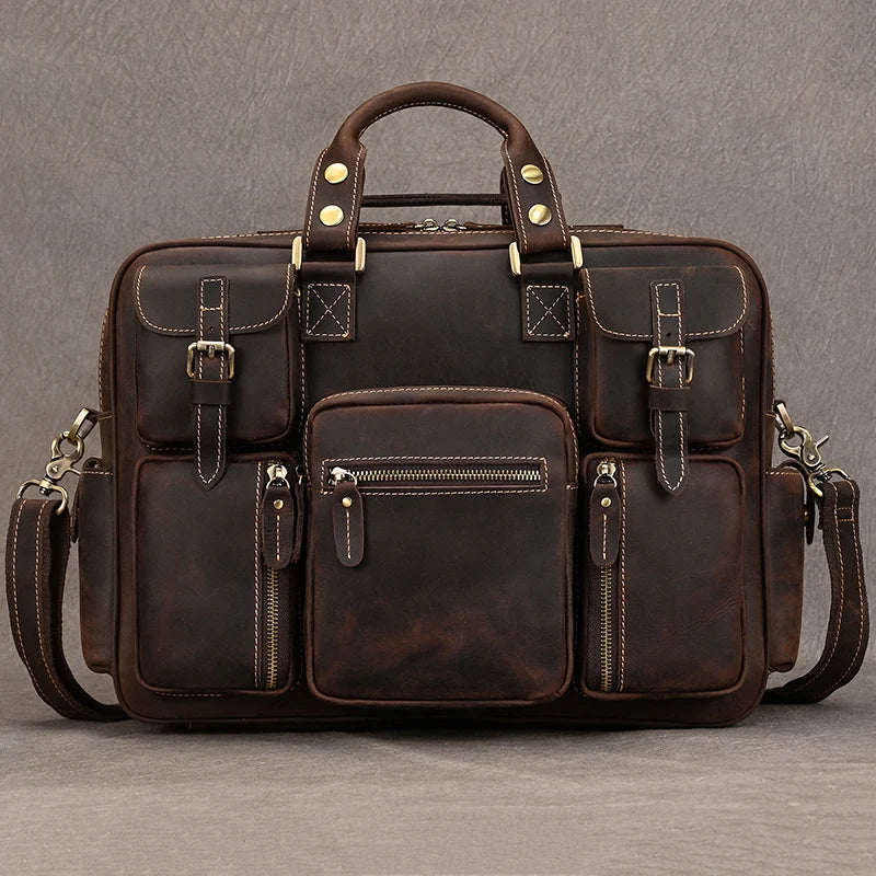 Men Luufan Vintage Zipper Cow Leather Briefcase Bags/Fits 15.6 Inch Laptop/Handles/Shoulder Straps/Single-Laptop Compartments/External Pockets/