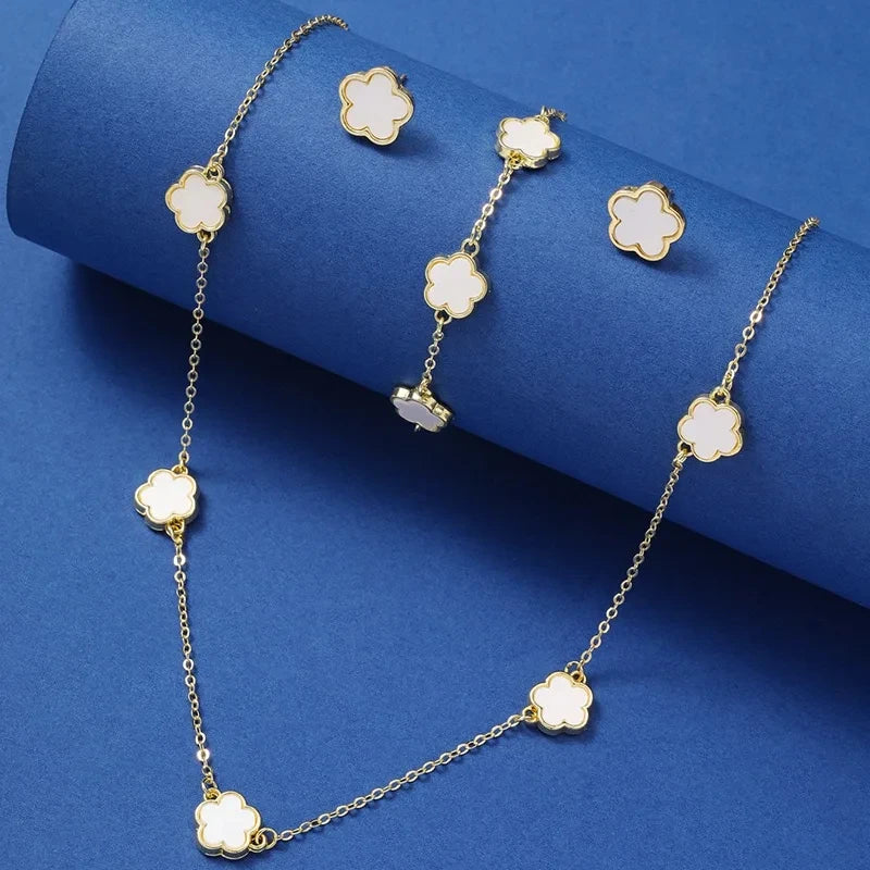 3PCS Set Imitation Zinc Alloy Lucky Five-Leaf Clover Jewelry Sets/Necklace-Bracelet-Earrings/Colors-Floral/Gold/Black/White/Silver