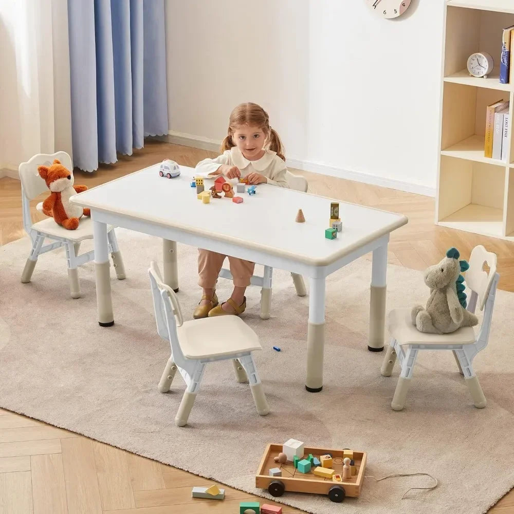 4 pcs White HDP Rectangle Toddler Height Adjustable Table/ 4 Chairs Set/Colors-Beige/White