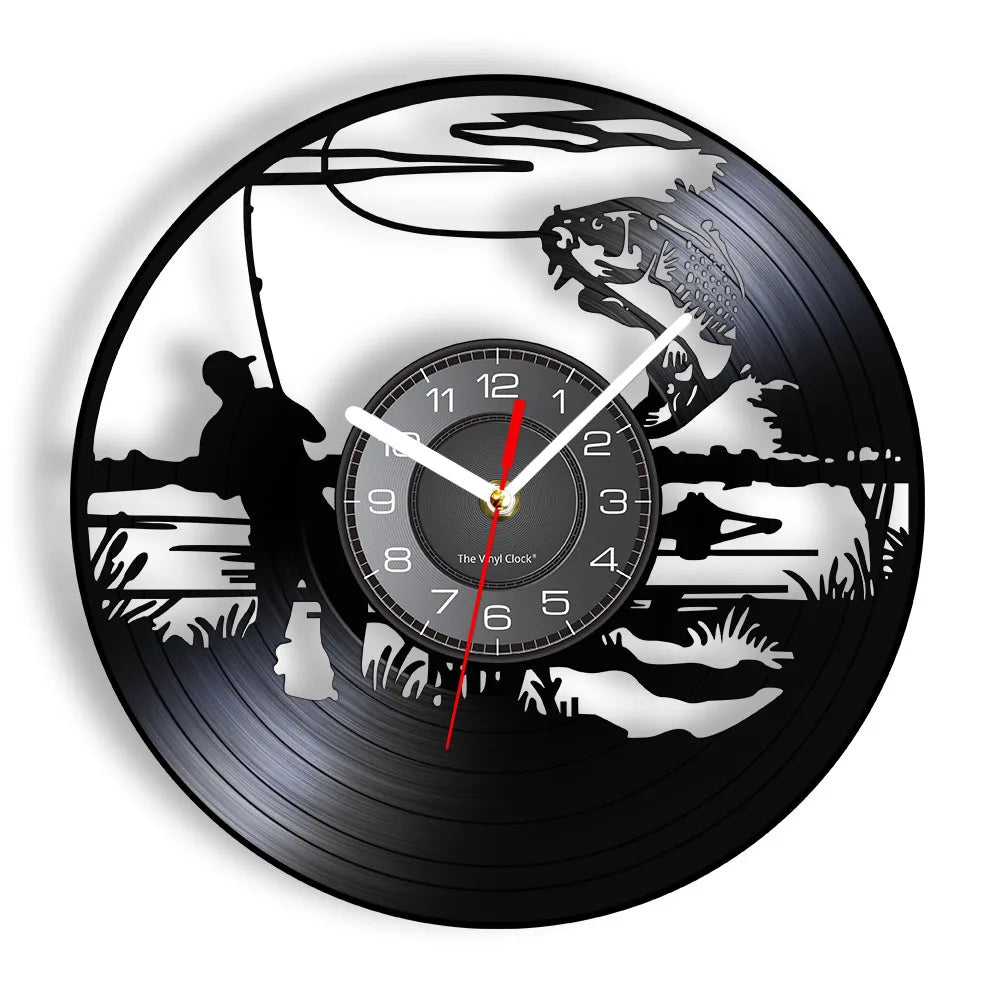 Retro Handmade Plastic Vinyl Record Gone Fishing Silhouette Of Fisherman Catching A Fish With Rod-N-Reel Wall Clocks/Battery Not Included/ 1 AA Battery Size/With-Without LED Light/Colors-Black/Geometric