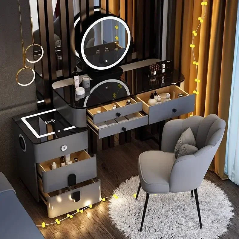 Modern Style White Adjustable LED Smart Touch-Controlled Lighted Round Mirror Black Tempered Glass Countertop Solid Pine Wood Draws Make-Up Vanities /2 USB Wireless Ports /Bluetooth Speakers/Colors-Black/Gray/White