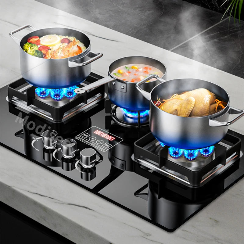 Outdoor Portable 3 Burners LPG Built-In Natural Gas Tempered Glass Panel Platform Embedded Burner Stoves/Interchangeable Plates/Natural Gas-Butane/Colors-Black/Blue/Pulse Electron Ignition
