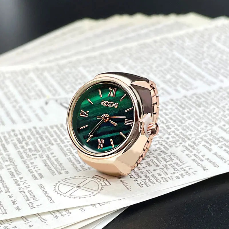 Unisex Metal Vintage Round Finger Watch Glass Mirror Quartz Elastic Band Charm Rings/Colors-Gold/Green/Silver