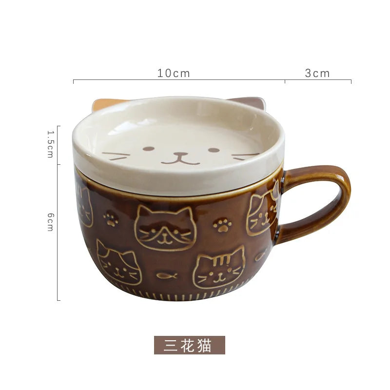 Kitchen Round Japanese Ceramic Funny Cartoon Cute Cat Coffee Mugs-Creative Cover/Colors-Blue/ Brown/Milk Yellow