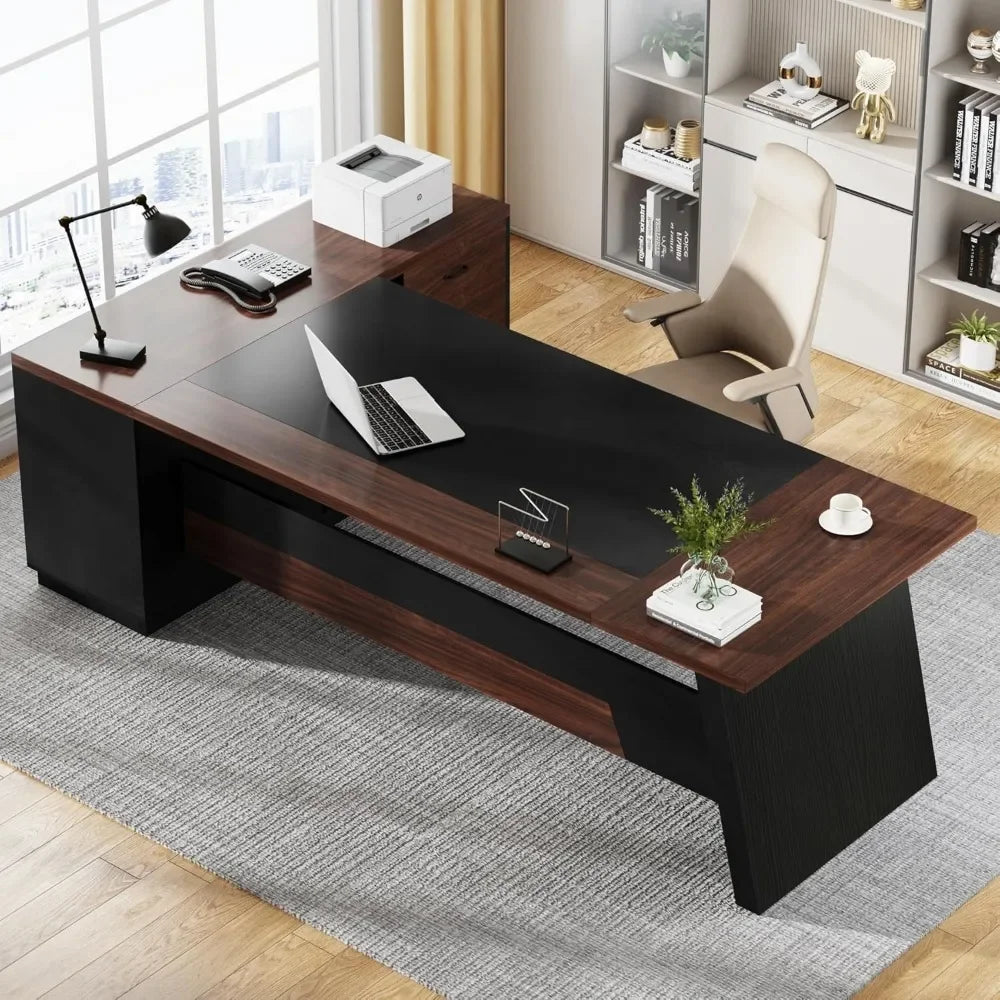ANGDUO L-Shaped Large Modern Executive Walnut-Black Office Desks w/2 Drawers/1 File Drawer/Product Dimensions: 55.1"D x 78.7"W x 29.5"H