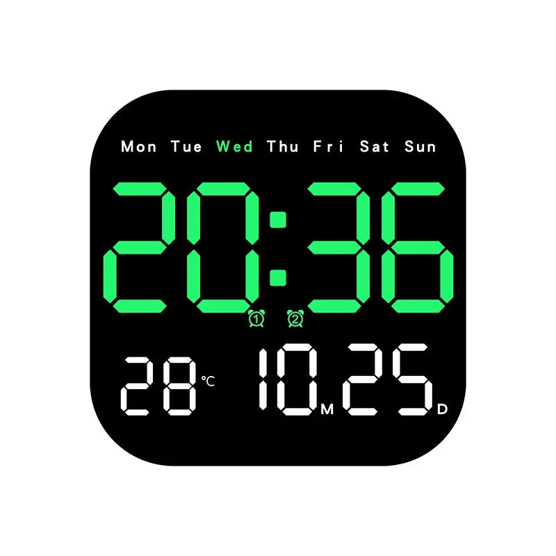 Modern USB Plug-In Black Plastic Square LED Large Digital Display Timing Function Remote Control Temperature-Week-Date Alarm Wall Clocks