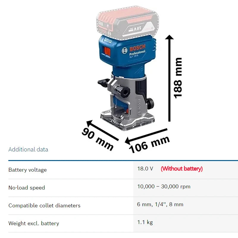 BOSCH Professional Grade Blue-Black-Gray Body 18V Battery-Powered Air-Flow Cooling Ventilation Design Cordless Brushless Wood Router Accessories /Colors-Blue/Black/Gray