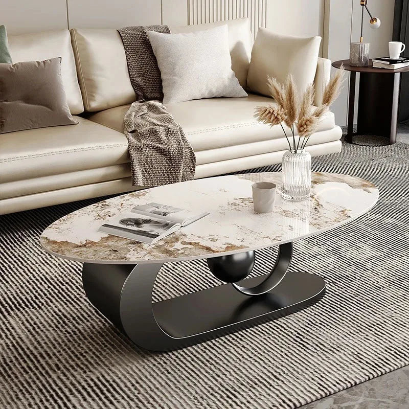 2 pcs Marble Topped Oval-Shaped Coffee Table Gold Colored Metal Base / Small Round Coffee Table Set/ Size: Oval Table 42cm H x 120/130cm W/ Size: Small Round 50cm W x 48cm H