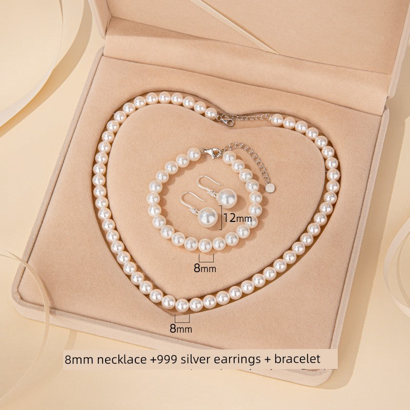 Adult Women Sterling Silver White Pearl Necklace-2 Hanging White Pearl Earrings Fine Imitation Jewelry Sets/Colors-White/Silver