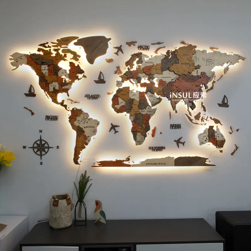 World Light Emitting Map Solid Wood Stereoscopic Wall Decoration/Colors-Brown/Blue/Beige/Black