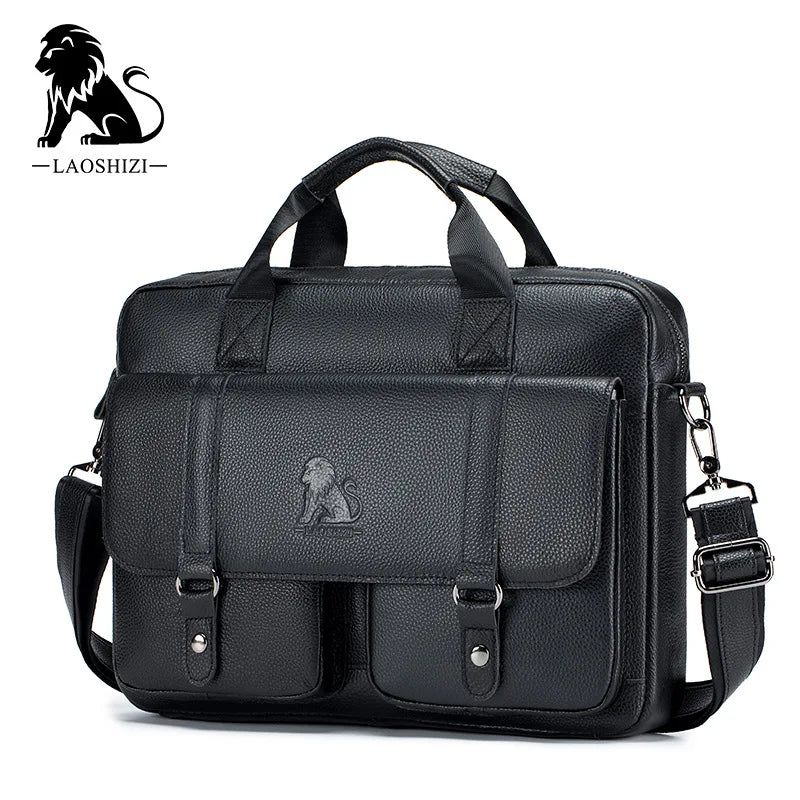 Men Flap Pocket Cow Leather Zipper Briefcase Polyester Bags/ Crossbody Shoulder Straps-Handles/Fits 14 Inch Laptop/IPAD 13.3 Inch Tablet/External Pockets/Built-In Compartments/Colors-Black/Brown