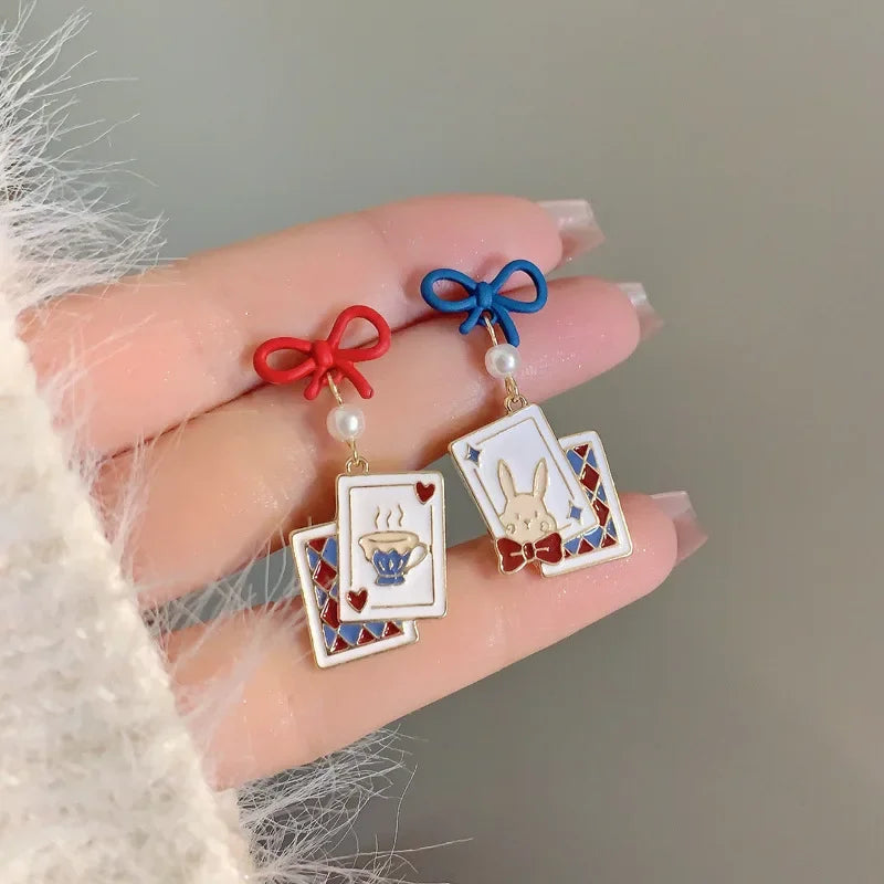 Women-Teen Girls Metal Long Tassel Asymmetrical Enamel Needle Cute Cartoon Cats Coffee-Teacup Dangle Drop Fine Imitation Earrings/Colors-Green/Multicolor/Geometric/Animals