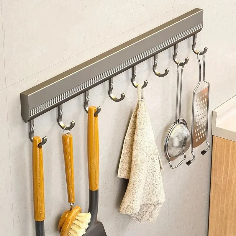 Kitchen Wall Mounted Sliver Gray Aluminum 4-10 Adjustable Inserted Rubber Rings Hooks Utensil Utility Racks/ Use Super Glue-Only Suitable For Smooth Non-Porous Surfaces