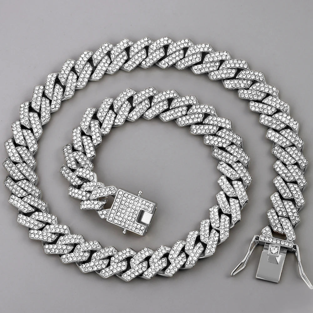 Women-Teen Girls Gold-Silver Metal Iced Prong Chunky Cuban Chain Link Geometric Shape Shiny White Rhinestones Imitation Punk Necklaces