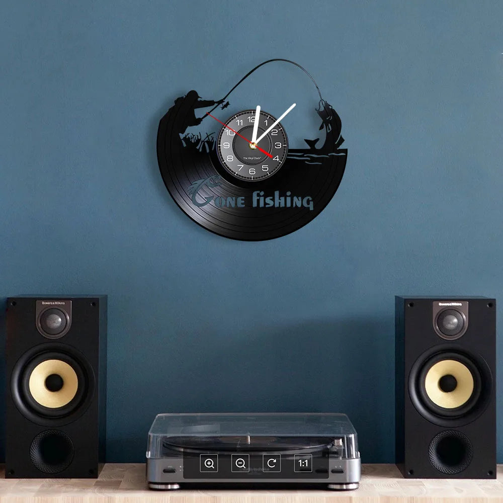 Retro Handmade Plastic Vinyl Record Gone Fishing Silhouette Of Fisherman Catching A Fish With Rod-N-Reel Wall Clocks/Battery Not Included/ 1 AA Battery Size/With-Without LED Light/Colors-Black/Geometric