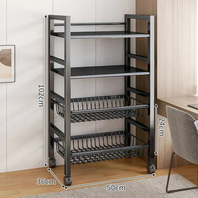 Kitchen Black-Brown Color Adjustable Height Pine Wood-Metal Storage Rack Movable Carts/360° Rotating Wheels