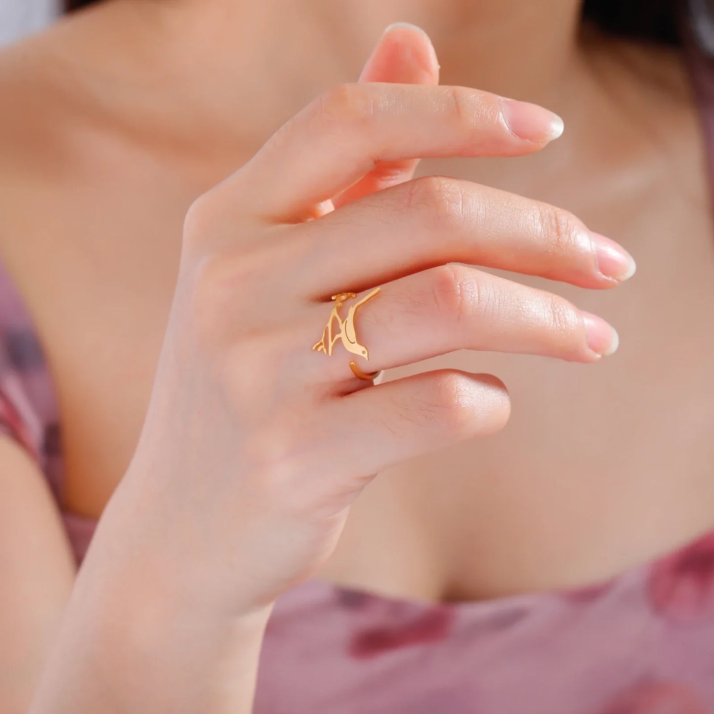 Skyrim Adult Women Metal Gold-Silver Plated Hummingbird-Flowers Open Adjustable Imitation Finger Rings