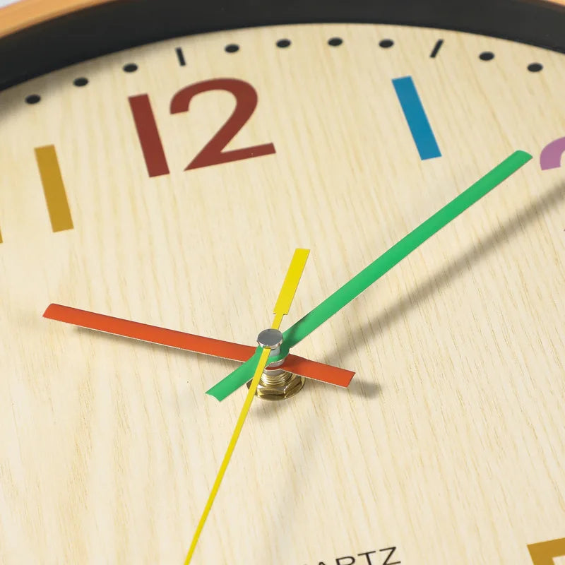 12 Inch Quartz Round Wood Silent Movement Wall Clocks w/Colorful Hands/ Colorful Numbers/Size: 29.5cm H x 4.2cm W/Plastic Materials Inside/ Runs Off 1.5V AA Battery / Battery Not Included