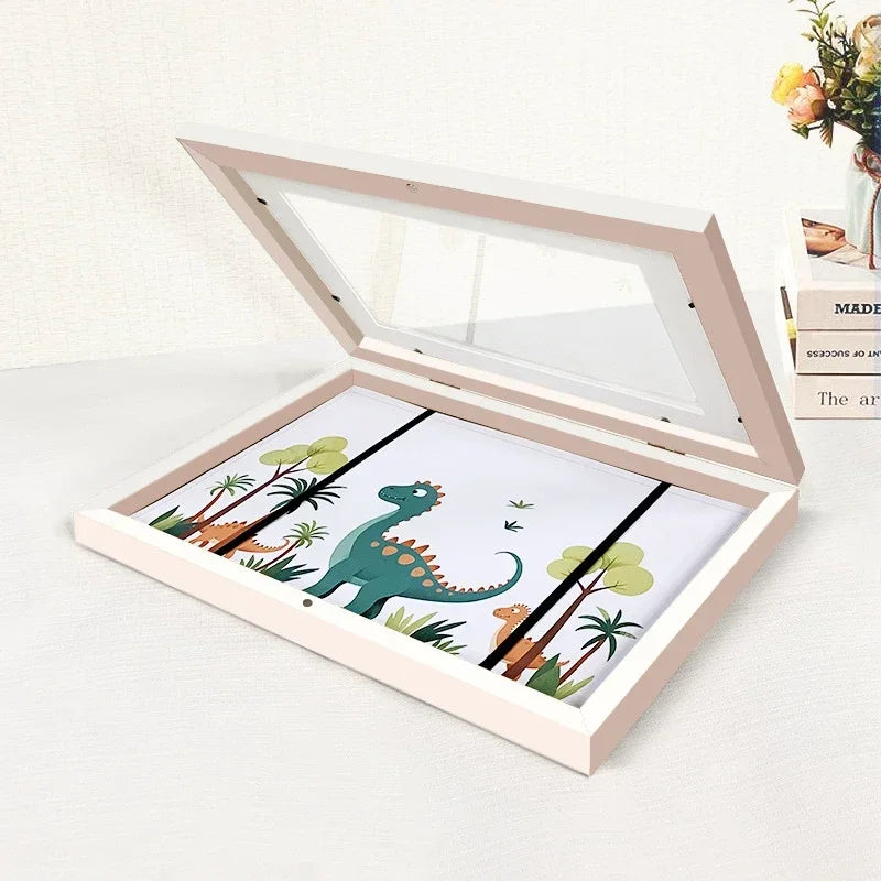 Kids Rectangle Wood Trim Acrylic Cover Artwork Display Magnetic Closure Picture Frames/Elastic Band/Colors-White/Black/Brown/Green/Pink