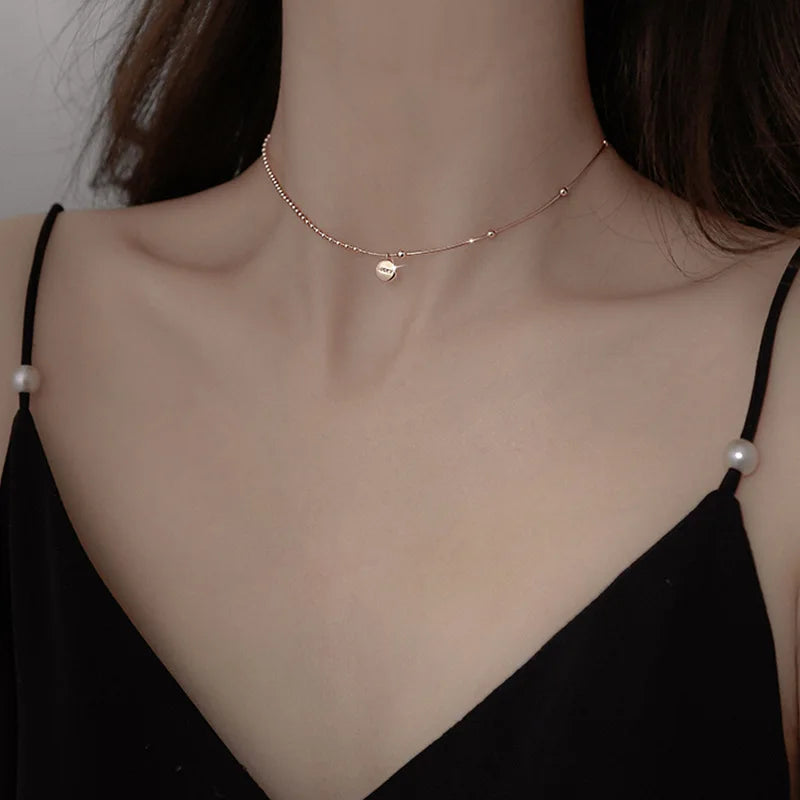 CIAXY Imitation Women Silver-Copper-Rose Gold Beaded Letter INS Asymmetry Short Clavicle Chain Choker Necklaces