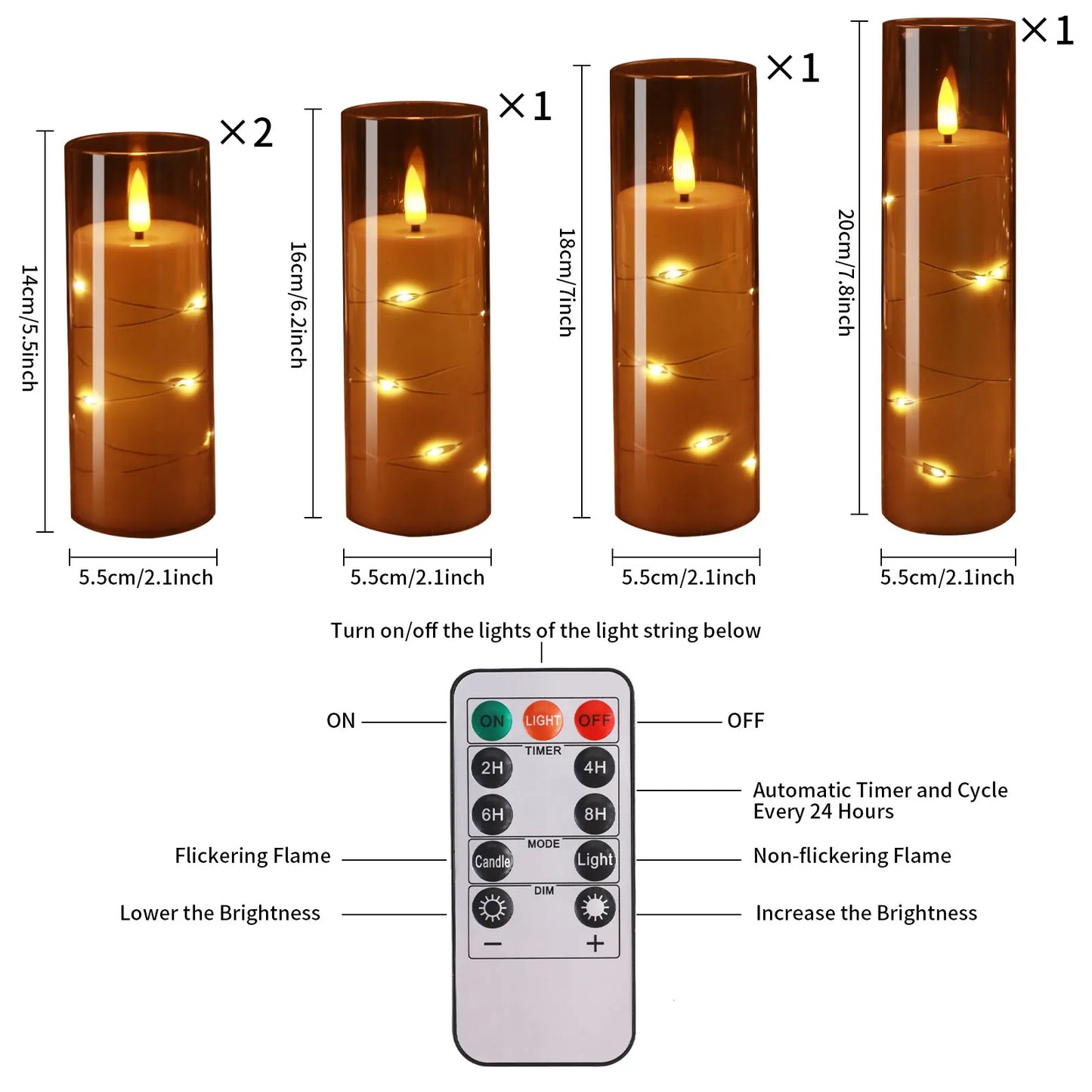 5 PCS Set LED Embedded Star String Detailing Round Pillar Flickering Flameless Candles /Timer Remote/Changeable Wick/Colors-White/Brown/Gray/Orange