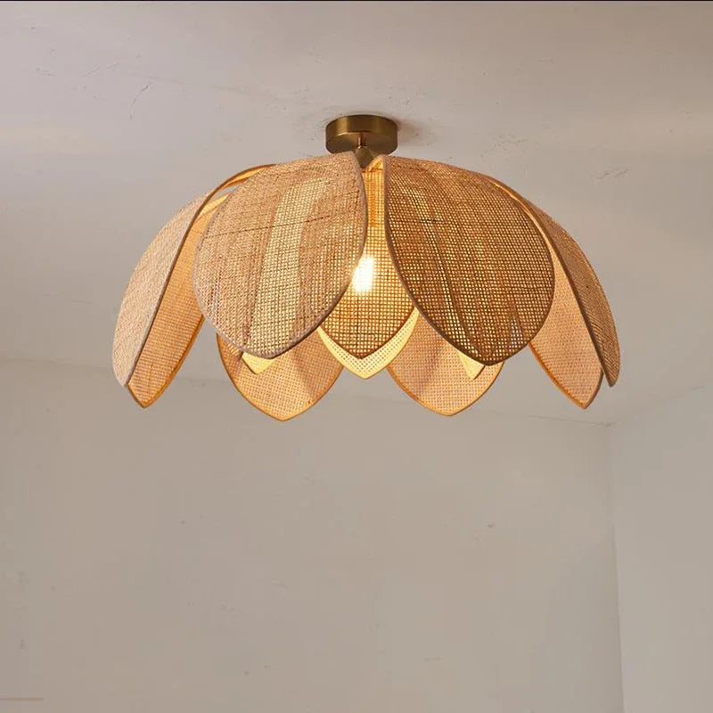 Beige Handmade Gloss Hanging Chinese Natural Rattan Lotus Petal Cord Pendant Ceiling Lights Fixtures/Bulb Not Included-E27 Bulb Cap Type