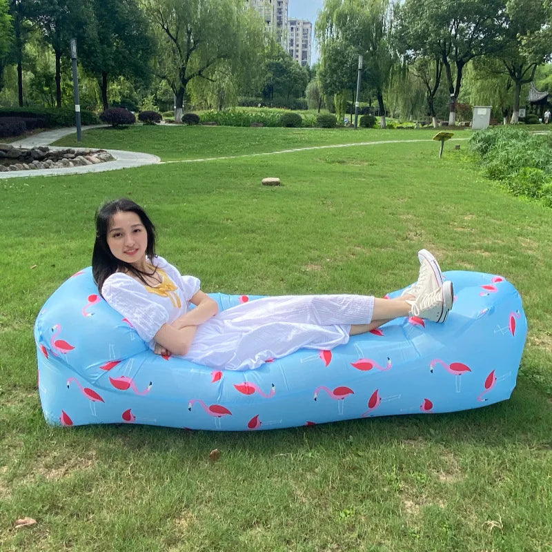 Outdoor Waterproof Inflatable Banana Shaped Oxford Cloth Polyester Fabric Lazy Pillow Air Sofa /Size: 200 x 240x 70cm/Weight Limit 400 kg (881 lbs)/Colors-Blue/Black/Brown/Beige/Gray/Geometric/Green/Multicolor