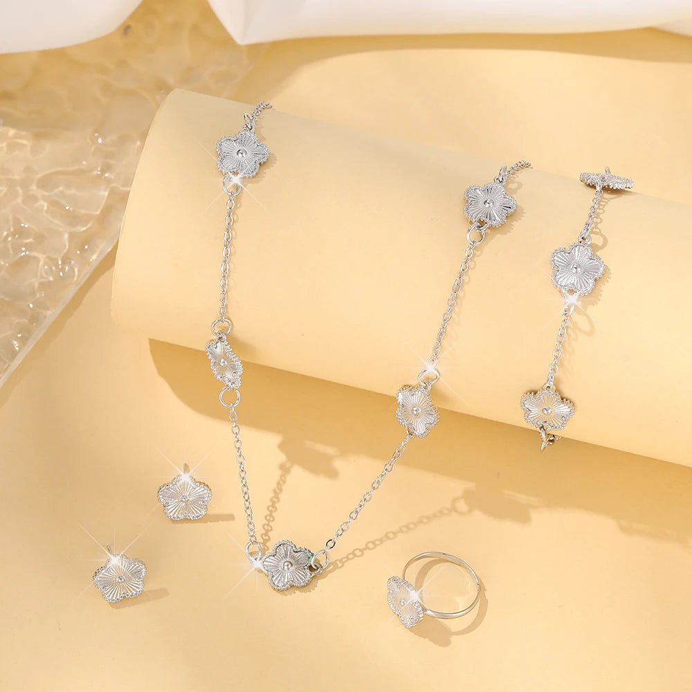 3PCS Set Imitation Zinc Alloy Lucky Five-Leaf Clover Jewelry Sets/Necklace-Bracelet-Earrings/Colors-Floral/Gold/Black/White/Silver