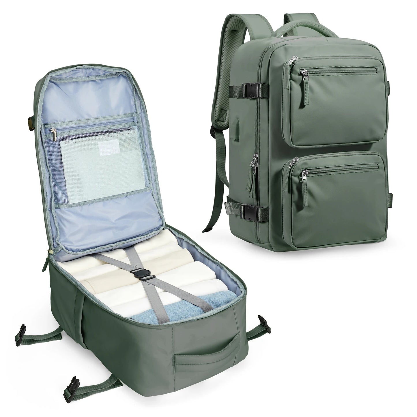 Waterproof Large Travel Nylon Backpack Bags/Detachable Handles-Straps/Multi-Pockets/USB Charger Port/Power Bank-Cable/Laptop Pocket/Colors-Green/Black/Gray/Anti-Theft Pocket