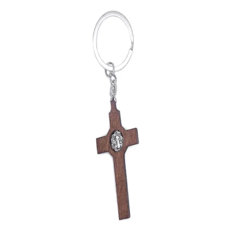 Unisex Brown Wooden Cross Of Jesus on Cross Metal Keychains