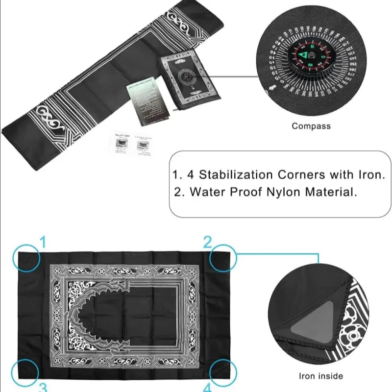 Black Background White Geometric Pattern Design Polyester Traveling Anti-Slip Bottom Fade Resistant Waterproof Nylon Iron Weighted Corners Braided Printed Prayer 1 X Rugs /Size: 60cm x 100cm/ Nylon Pouch Included-Compass