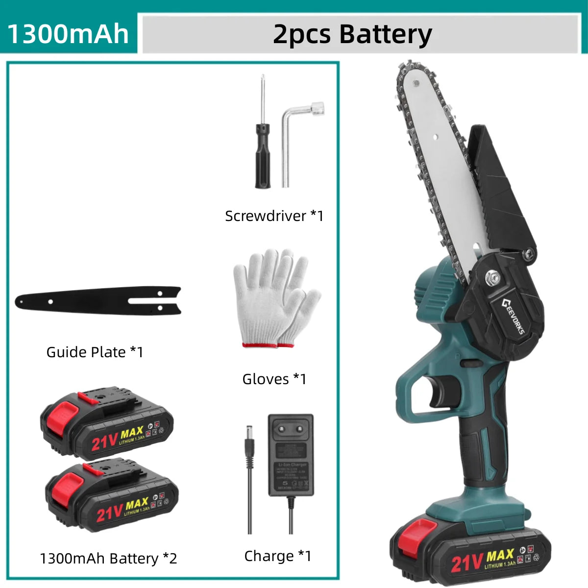 GEEVORKS Outdoor Home DIY Plastic Green-Black Body 6 Inch Handheld Mini Cordless Lithium Battery-Powered Rechargeable Brushed Motor 21V Electric Portable Wood Cutting Adjustable Tension Pruning Metal Chainsaws/Colors-Green/Black/Gray/Red/