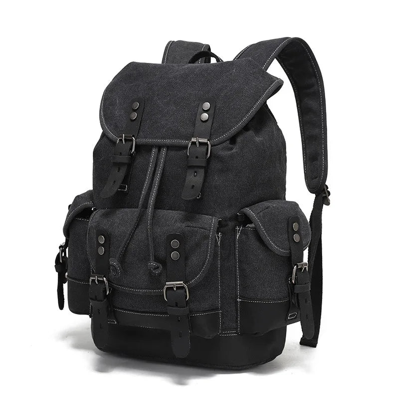 Unisex Military Hiking Interior Zipper Canvas Leather Polyester Over Flap-Belt Design Backpacks/Single Laptop Compartment/ Shoulder Strap/Handles/Interior Pockets-External Pockets/Colors-Green/Gray/Brown/Black/Animal