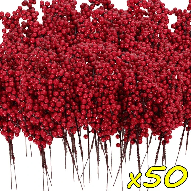 50PCS Branch Indoor Artificial Plastic Foam Non-Flowering Red Holly Berries Flower Bouquet Plants