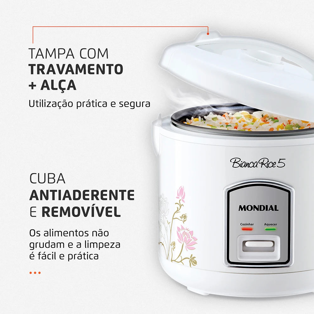 Mondial Bianca Kitchen White Floral Non-Stick Electric Rice Cookers/Up To 5 Cup Capacity Of Rice/Accessories Included: 1 Spoon-1 Measuring Cup-1 Steam Collector-1 Manuel-Recipes