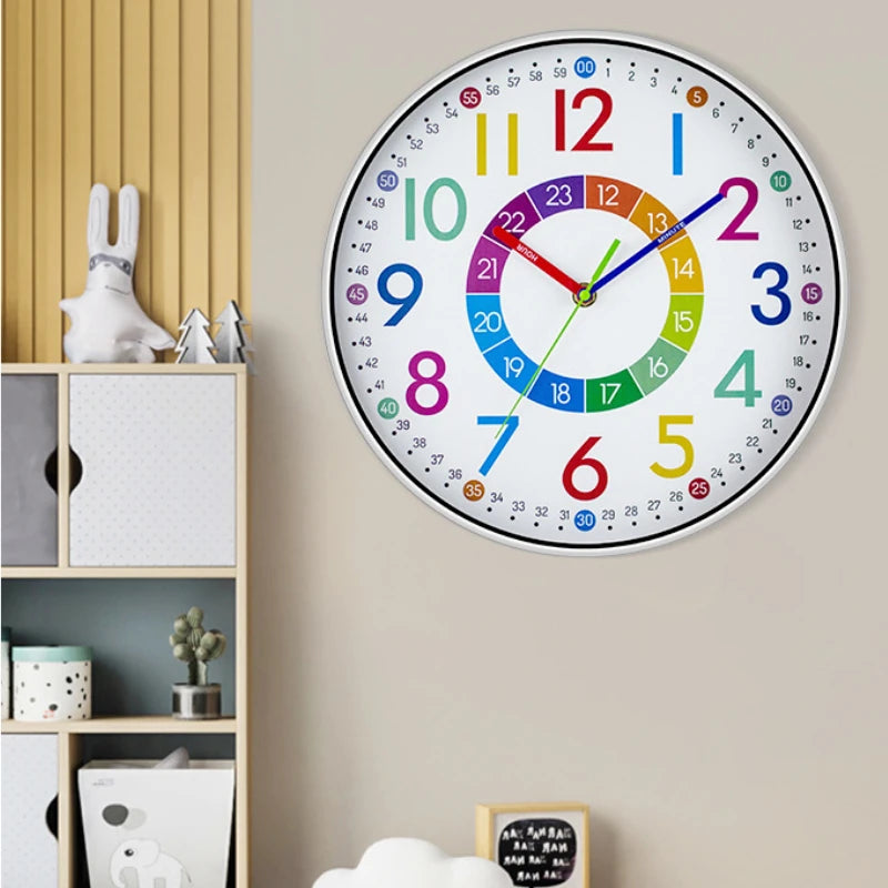 12 Inch Colorful Early Childhood Education Mute Wall Clocks/Punch-Free Battery Electronic Power