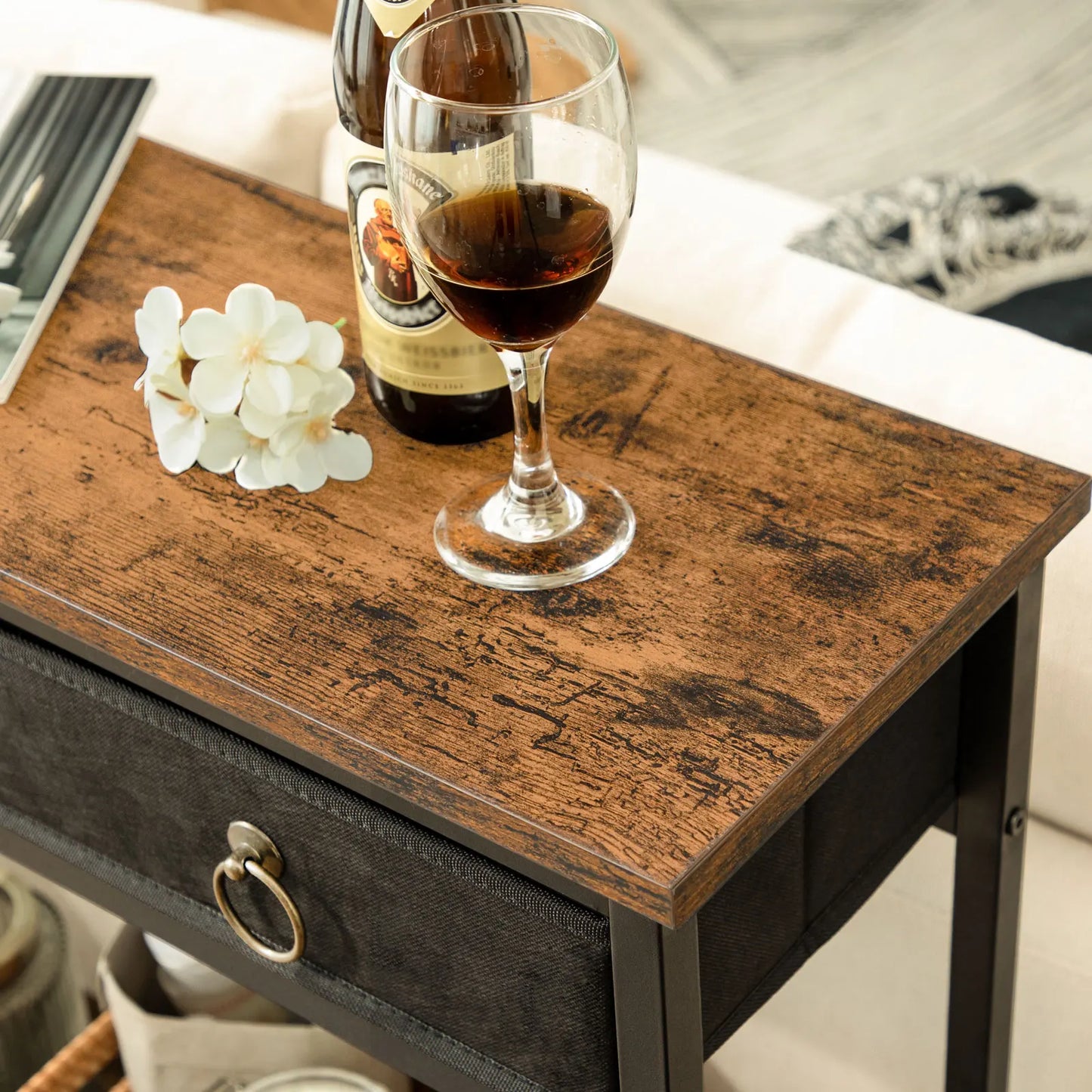 No-EN-Name-Null HOOBRO Antique Rustic Brown Rosewood Top Rectangle Shaped Black Metal Frame Narrow Entryway Console Tables/ 2 Drawers/ 2 Shelves