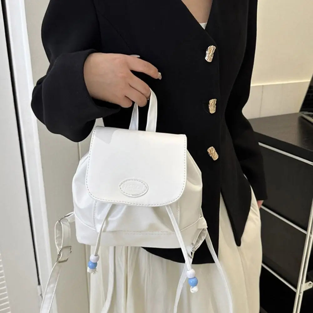 Women Small Retro Faux Leather Handheld Handle Soft Zipper Backpacks/Exterior Flap Pocket/Shoulder Straps/Interior Drawstring/Colors-Silver/Black/Brown/White
