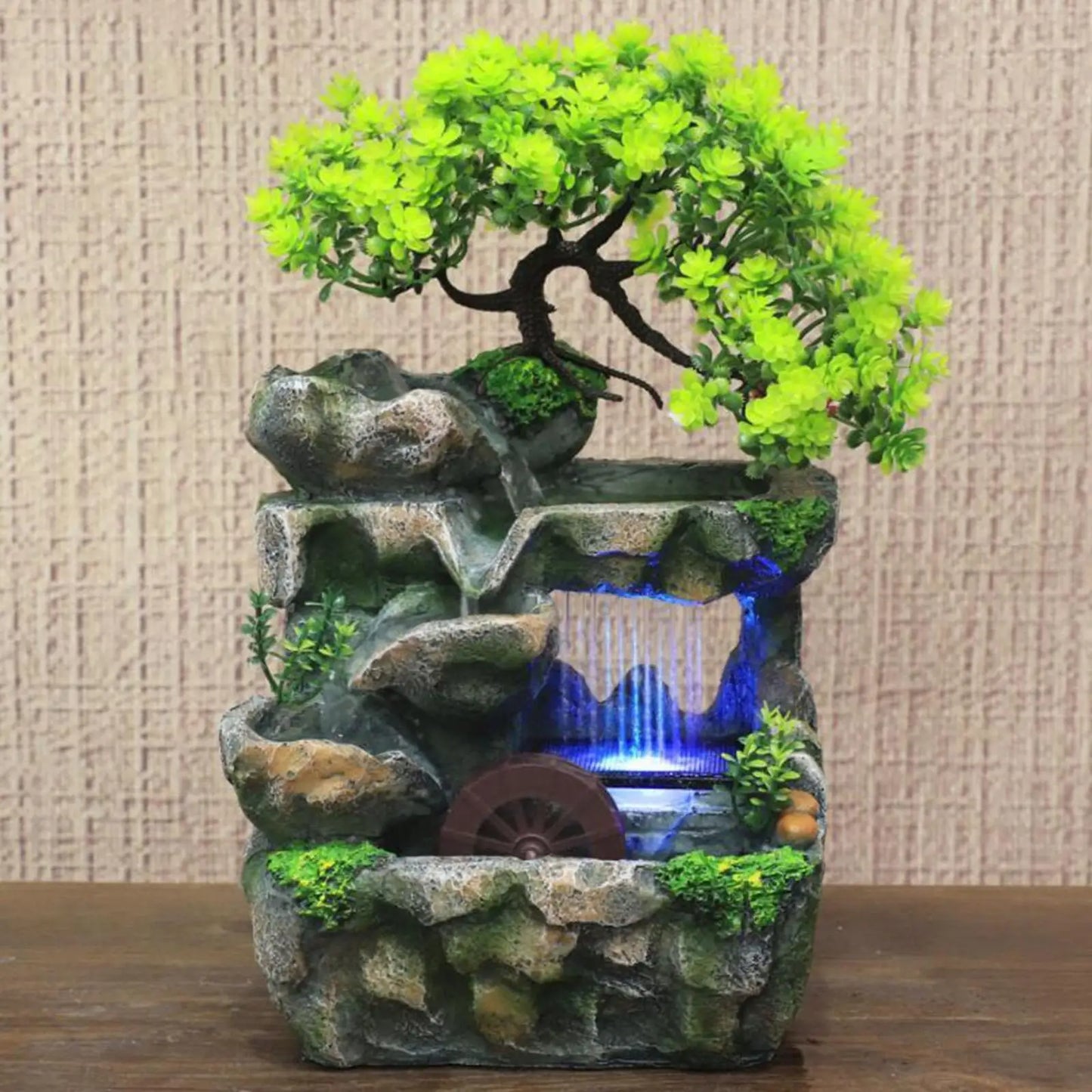 Green Indoor Tabletop Resin Rocky Landscape Bonsai Tree Flowing Waterfall Fountain/ Built-In Automatic Pump