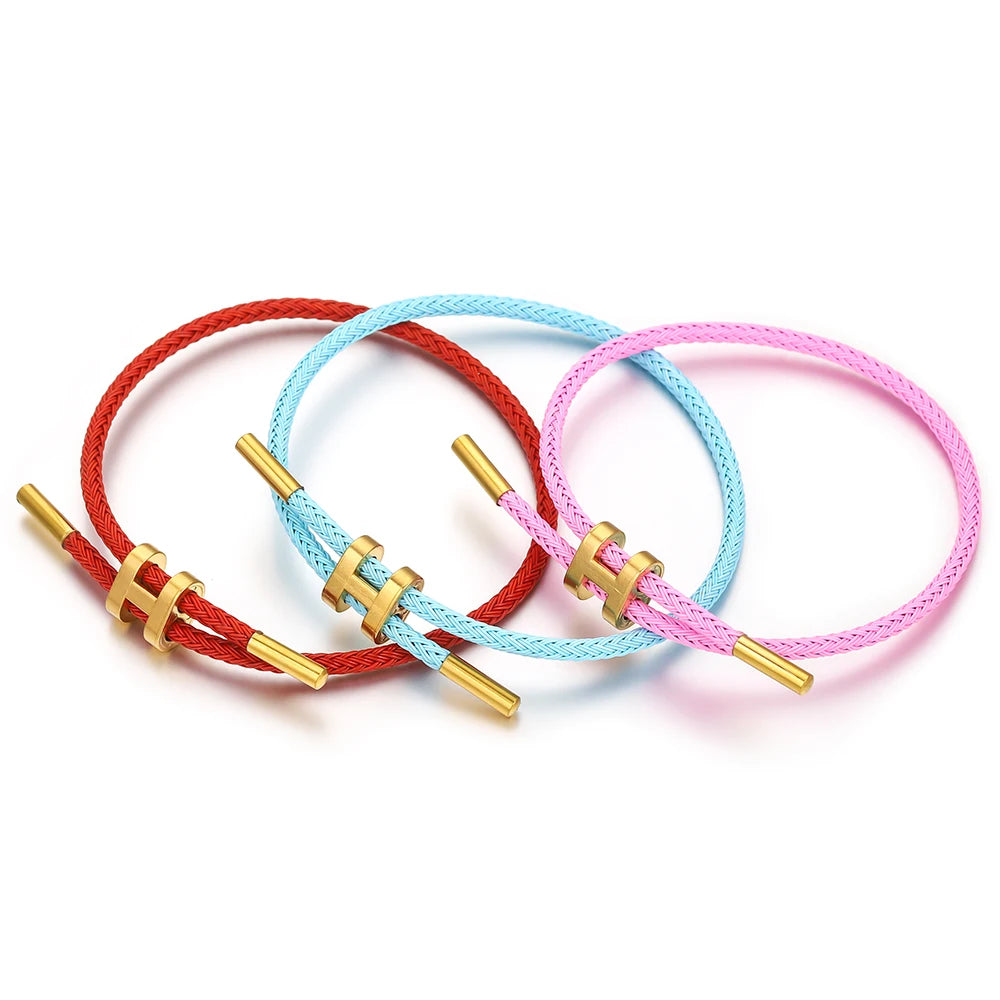 Unisex Round Stainless Steel Adjustable Braided Wire Rope Charm Vacuum Plated 18k Gold Toggle-Clasps Bracelets/Colors-Blue/Pink/Green/Red/Geometric