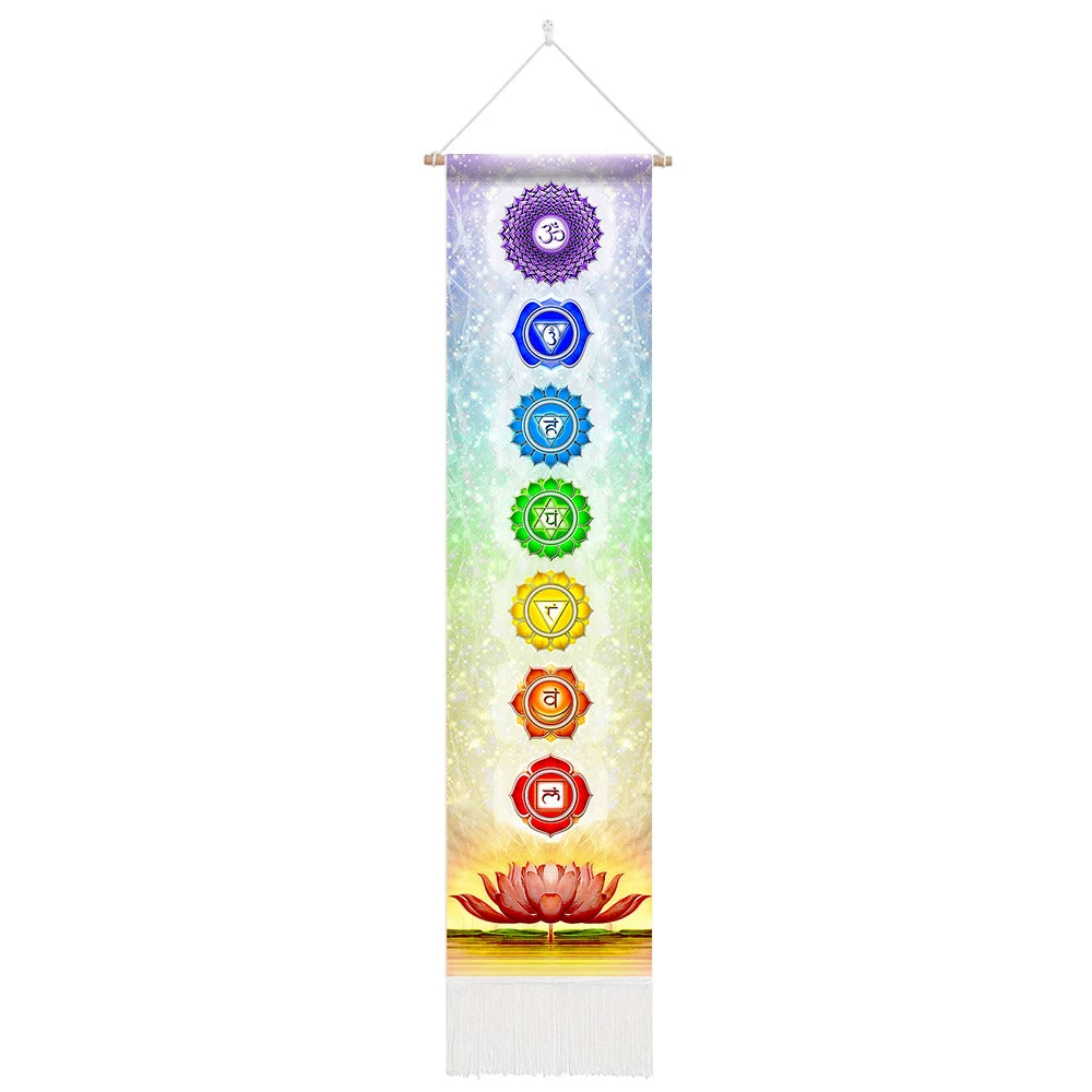 Unisex Rectangle Knitted Cotton-Polyester Blend Printed Soft Fabric 4 Colorful Geometric Chakras Themes Intricated Design Fringed Spiritual Meditation Wall Hanging Tapestries