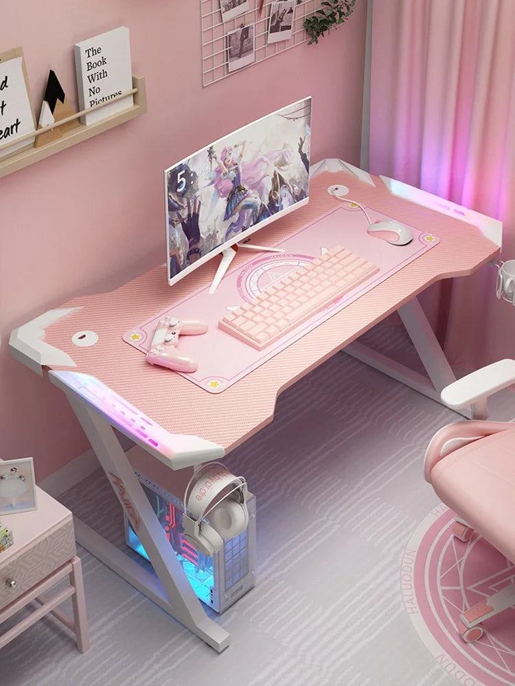 NULL Pink-Black Bamboo Wood Z-Shaped Design Rectangle Shaped Top LED-RGB Lights Gaming Computer Desks/Water Cupholder/Adjustable Feet/Remote Control/ Size: 80/100/120CM