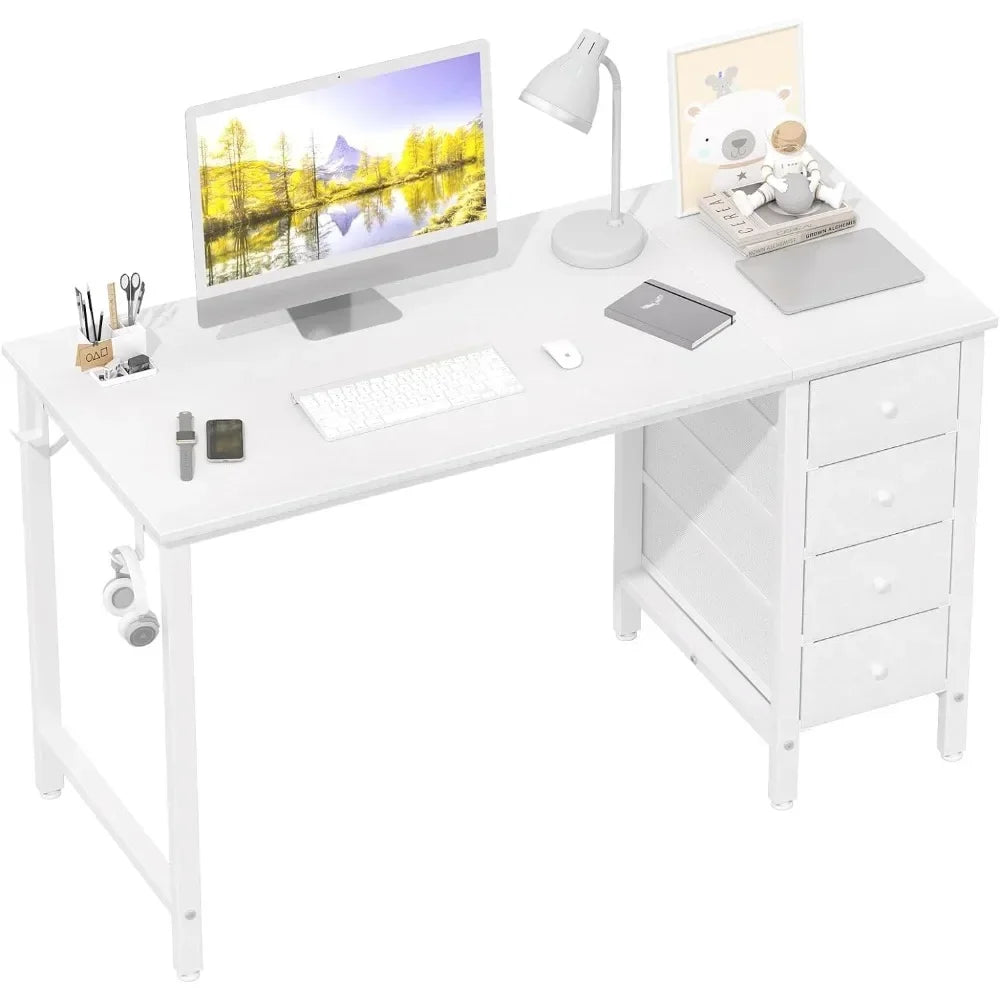 White Modern 2 Iron Side Hooks Free Standing Metal Base Computer Desks-4 Drawers/Dimensions-19.5"D x 47.2"W x 29.5"H