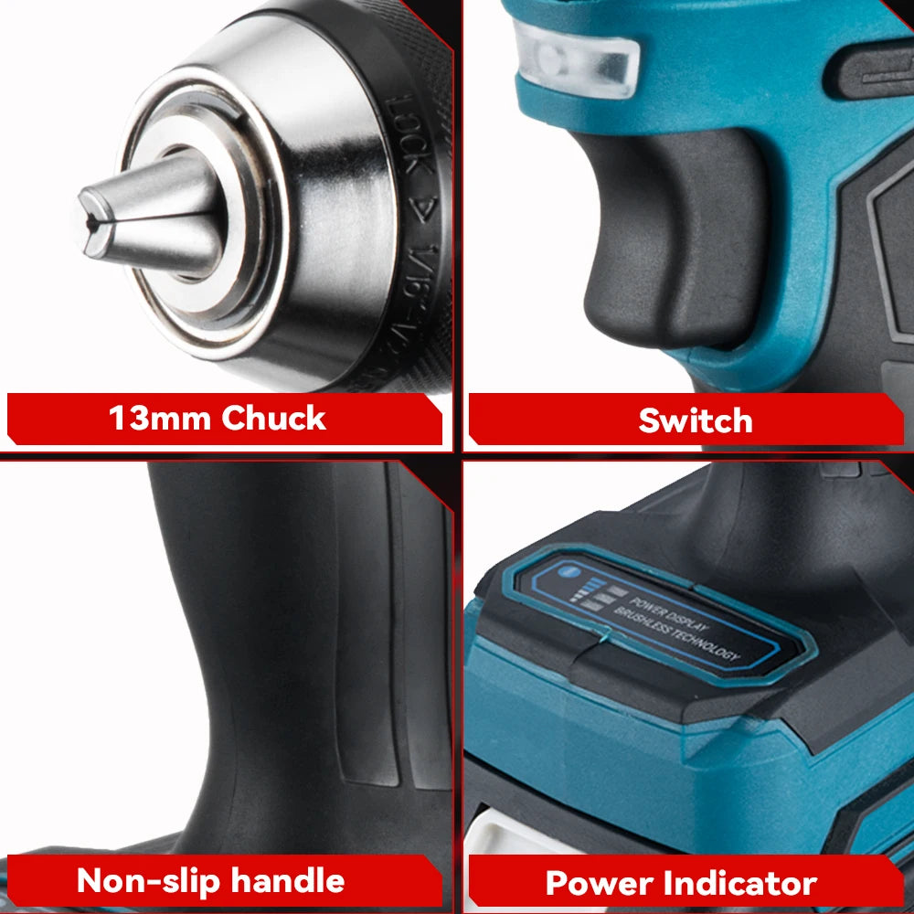 ONEVAN Multicolor Body Metal Keyless Drill Chuck Rechargeable Battery-Powered Cordless Brushless Adjustable Speed-Torque Built-In Lighting Electric Impact Drills Sets/Colors-Black/Blue/Silver/Green/Gray/Multicolor