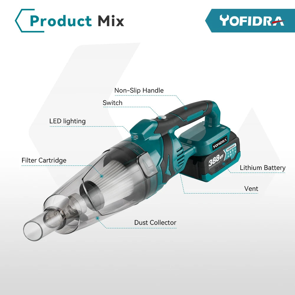 YOFIDRA 1500W Cordless Handheld Electric Vacuum Cleaner Rechargeable Cleaning Tool for Home Car Pet Hair for Makita 18V Battery