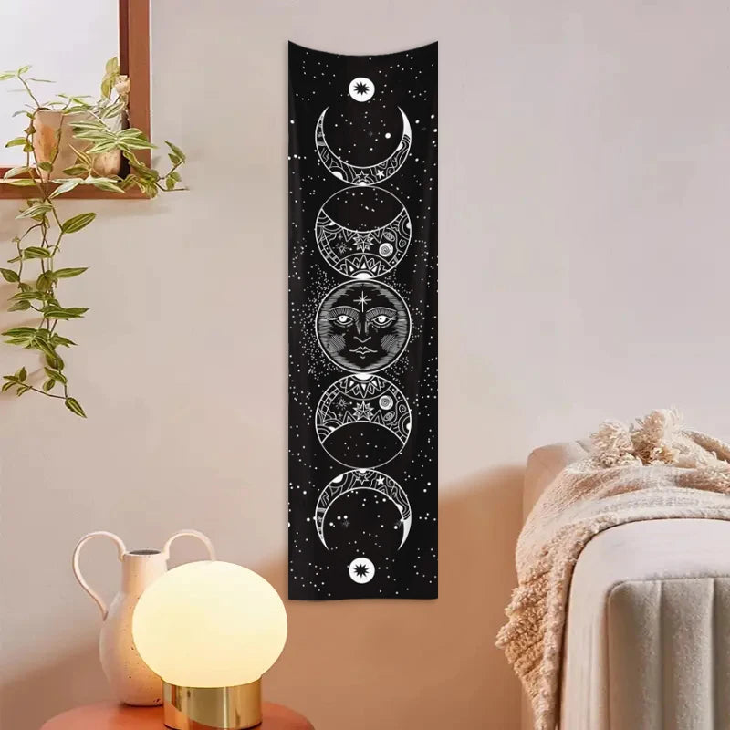 Rectangle Polyester Geometric Black Background White Printed Moon Phrase-Starry Sky Colorful Floral Wall Hanging Tapestries
