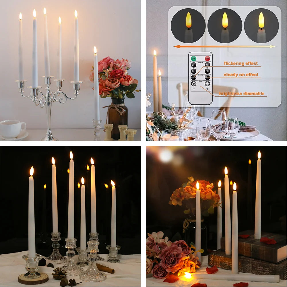 6-24 PCS Set LED White Realistic Round Cylindrical Plastic Flameless Flickering Tall Tapered Handheld Electric Window Candles/Battery: 2-AAA ( Not Included )/ Automatic Timer/1-4 PCS Remote Control